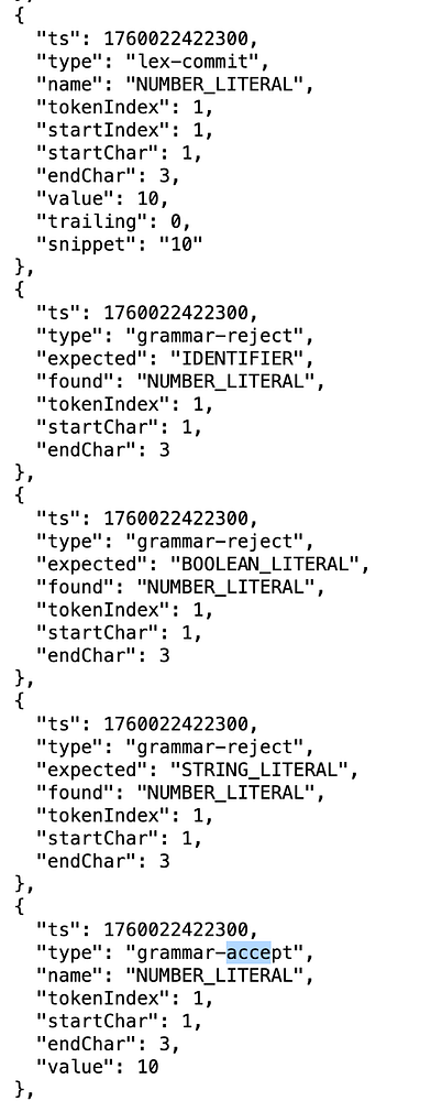 The image displays a JSON output from a parser debugger, showing various token types and their attributes.