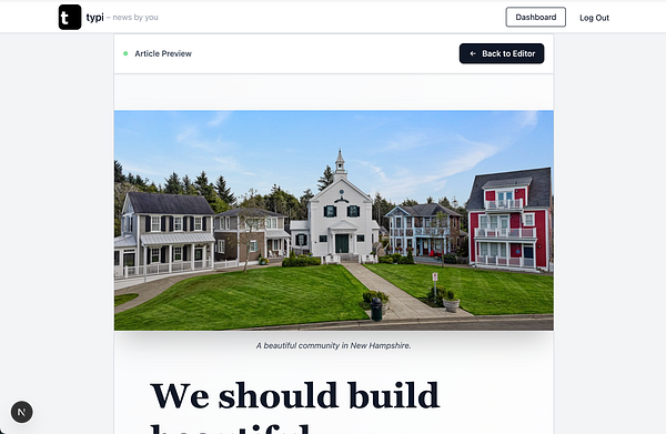 The image displays a picturesque community in New Hampshire with a focus on a central building and surrounding houses.