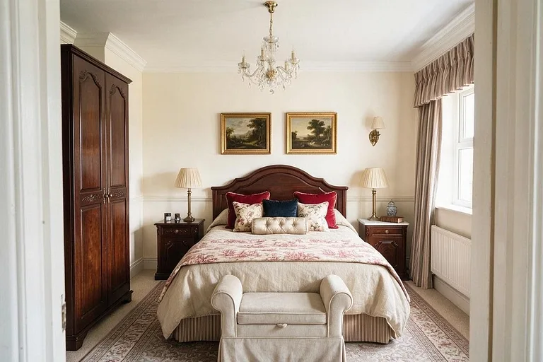 A Traditional bedroom in the Neutral Bedroom palette: ivory, linen, taupe, walnut, and greige