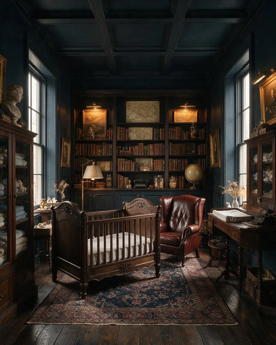 A dark academia nursery with deep blue-black walls and a paneled ceiling, centered on a carved dark wood crib with white bedding. Built-in bookshelves filled with old books, framed maps, brass lamps, a burgundy leather armchair, and vintage cabinets create a scholarly, antique atmosphere.