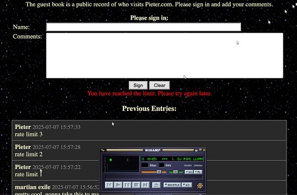 A guestbook interface with a rate limit message and previous entries displayed.