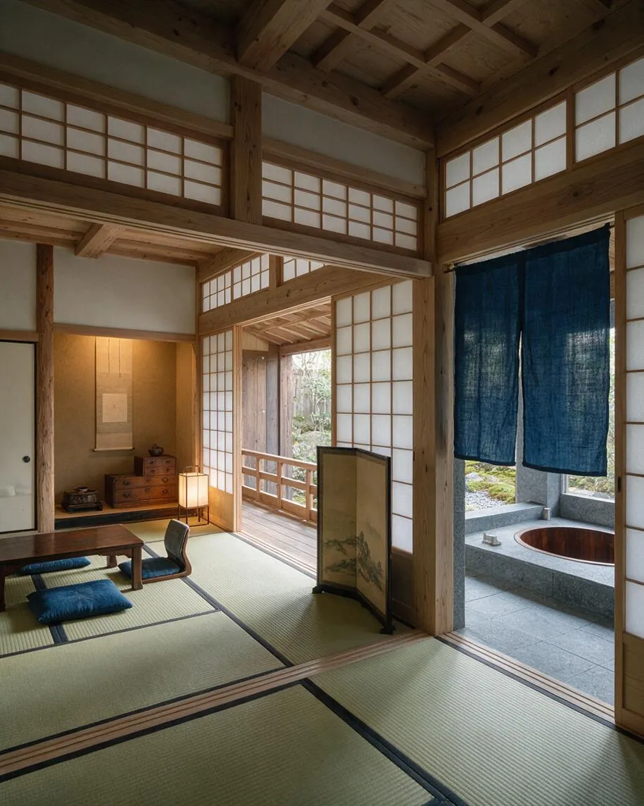 A Japanese Zen master bathroom and adjoining sitting area with tatami flooring, exposed wood beams, shoji screens, and blue noren curtains leading to a soaking bath. The space feels calm and traditional, with natural light, low furniture, and stone details around the tub.
