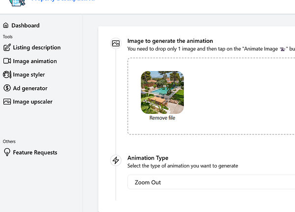 The image displays a user interface for generating animations with an image upload feature.