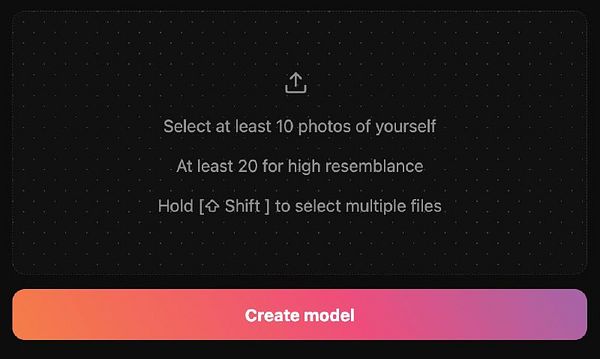 The image displays a user interface for uploading photos to create a model.