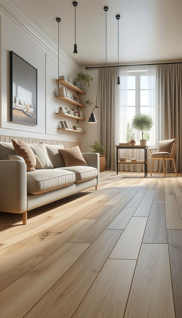 A cozy living room with laminate flooring that closely resembles natural wood, featuring a comfortable sofa and a small coffee table.
