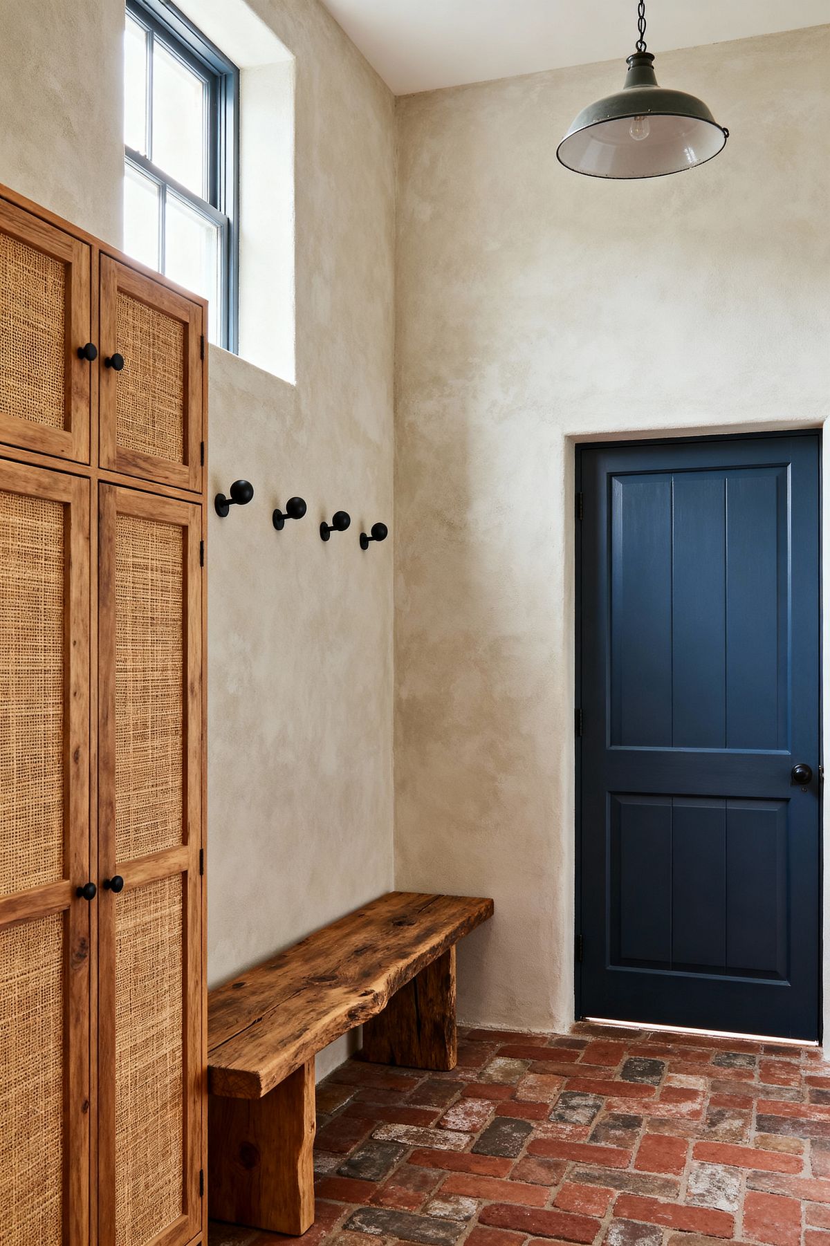 Room AI – Rustic Mudroom with Cane Lockers and Brick Floor - Interior