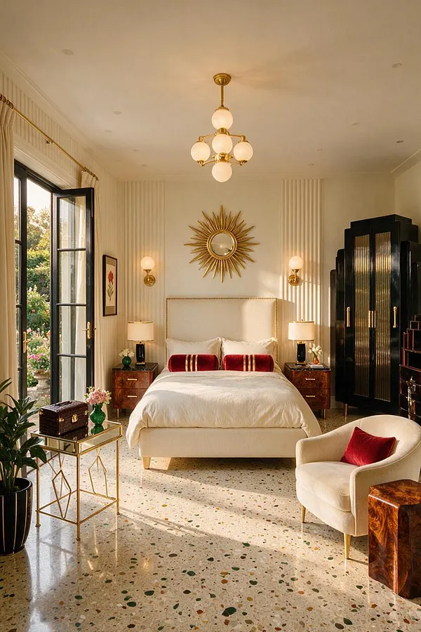 A bright Art Deco guest bedroom with a cream upholstered bed centered between walnut nightstands, a gold sunburst mirror above the headboard, and globe pendant lighting overhead. Black glass-front wardrobes, velvet red accents, brass details, and a terrazzo floor create a luxurious vintage-inspired look.