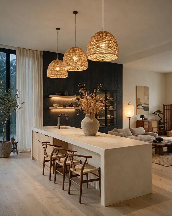 A serene Japandi kitchen with a large sculptural plaster island, three woven pendant lights, and simple wooden bar stools. A black feature wall with open shelves and soft warm lighting contrasts with light oak floors, neutral curtains, and a calm adjoining living area.