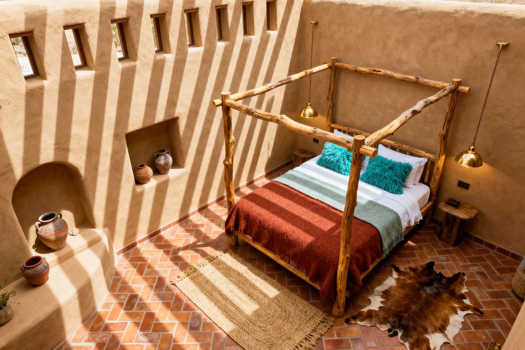 Southwestern bedroom with adobe plaster walls and small clerestory windows casting striped sunbeams onto a terracotta herringbone floor. A rustic four-poster log bed is made with white linens, a rust blanket, a sage throw, and turquoise pillows. Brass dome pendants hang on chains above stump nightstands. Built-in niches hold ceramic pots, and the floor features a braided jute runner and a brindle cowhide rug.