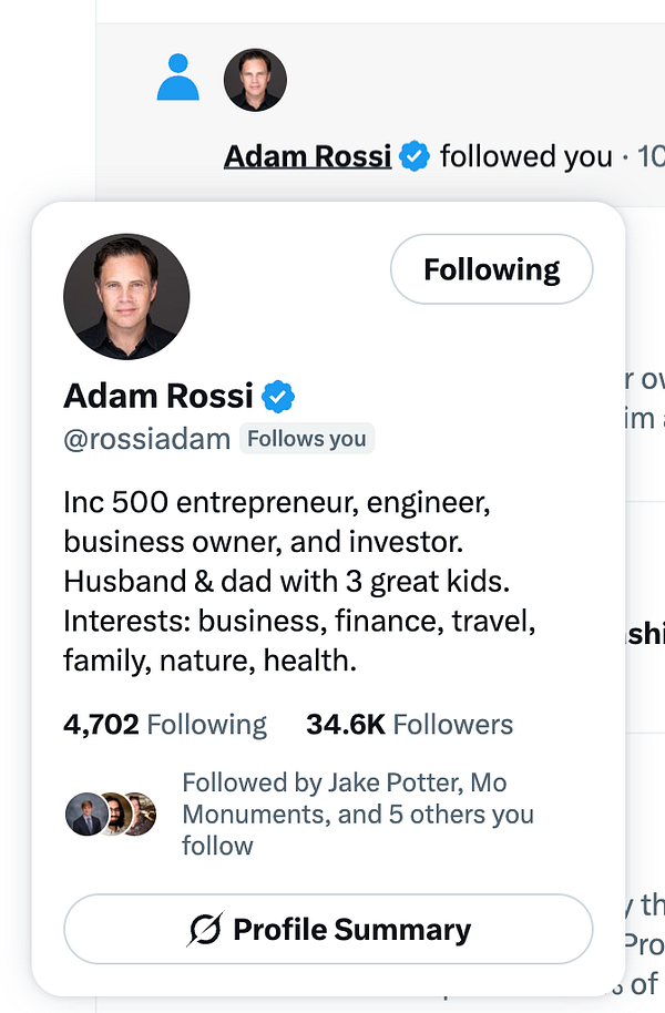 A screenshot of an Instagram profile for Adam Rossi showing his posts, followers, and bio.