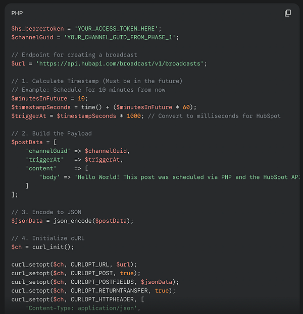 The image displays a PHP code snippet for scheduling a social media post via HubSpot's API.