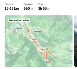 A hiking route map displaying distance, elevation gain, and time.