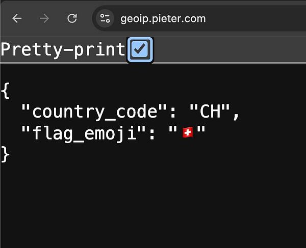 The image displays a JSON response from a geo IP service showing a country code and flag emoji.