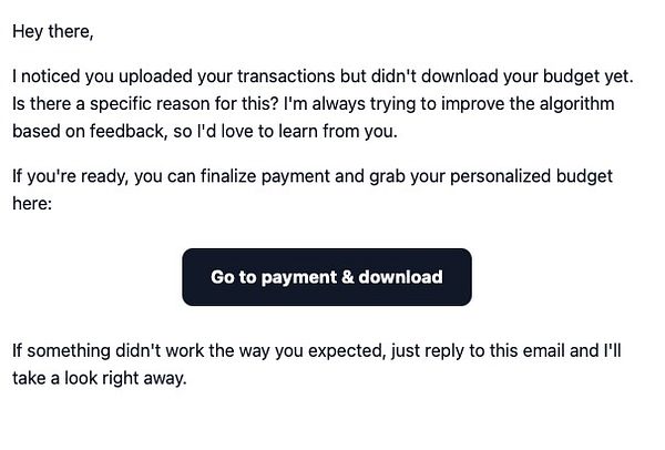 An email notification encouraging a user to finalize payment and download their personalized budget.