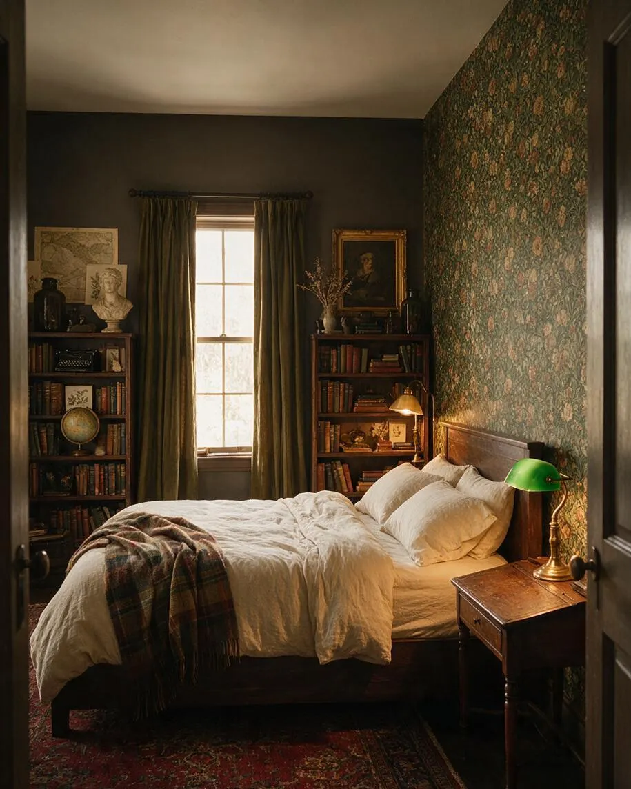 A dark academia master bedroom with a wooden bed dressed in soft white bedding and a plaid throw, flanked by bookshelves and a small wooden nightstand with a green glass lamp. Dark walls, floral wallpaper, heavy curtains, framed art, and a red patterned rug create a cozy, scholarly atmosphere.