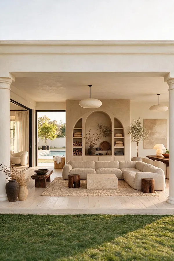 A covered backyard lounge in soft organic modern style features a cream sectional sofa on a textured rug, a sculptural stucco built-in niche with shelves and decor, and natural wood accent tables. Large open archways reveal a pool and landscaping outside, while pendant lights, pottery, linen textures, and warm neutral tones create a calm, airy atmosphere.