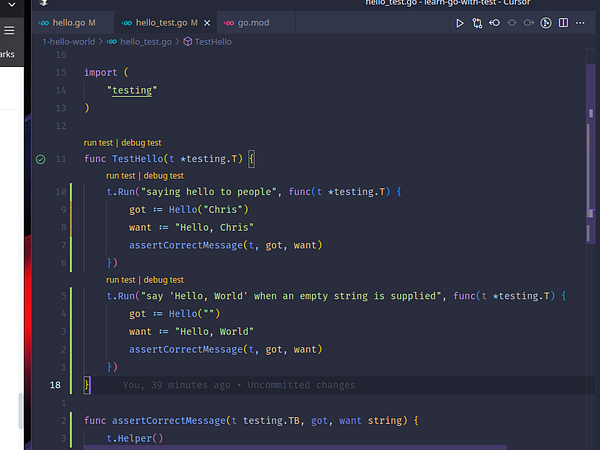 The image displays a code editor with a Go test file open, showcasing test functions for a Hello function.
