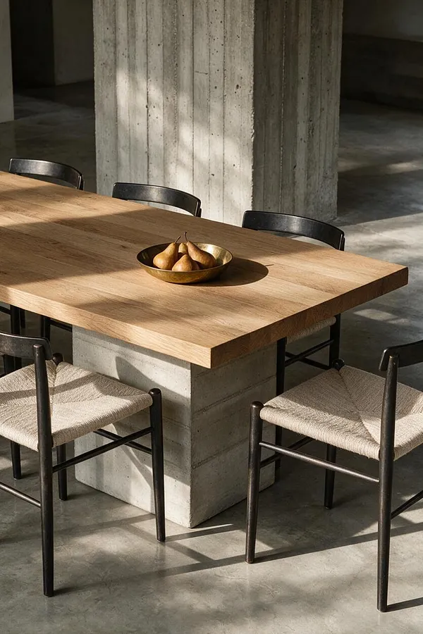 A dining vignette features a thick rectangular oak table anchored by a concrete base, surrounded by simple black metal chairs with woven beige seats. A shallow brass bowl with pears sits at the center, while a large raw concrete column and polished concrete floor reinforce the sparse Brutalist setting.