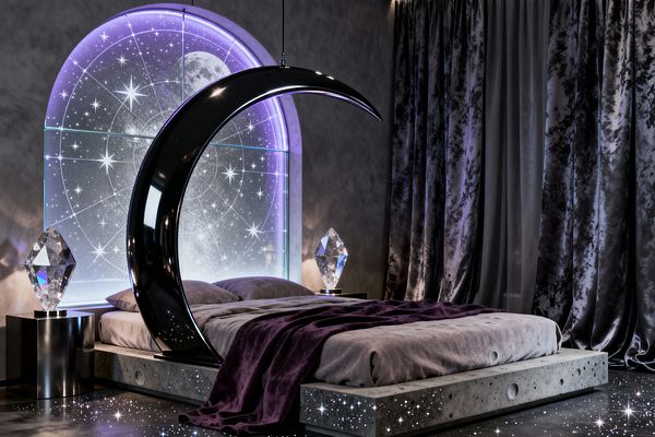 A moody bedroom centers on a low, crater-textured concrete platform bed with soft gray bedding and a deep plum velvet throw, crowned by a suspended glossy black crescent-moon sculpture. An arched, backlit constellation panel glows lavender and icy blue behind the headboard, while faceted crystal lamps rest on brushed stainless-steel cylinder tables and charcoal velvet curtains frame the scene, with tiny LED points sparkling like stars around the base.