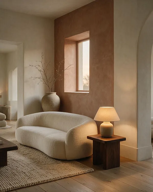 A serene living room with a rounded cream sofa on a textured natural rug, a dark wood side table with a warm table lamp, and a tall clay vase with branches beside a terracotta accent wall and narrow window. Soft daylight, muted beige walls, and pale wood flooring create a calm organic modern atmosphere.