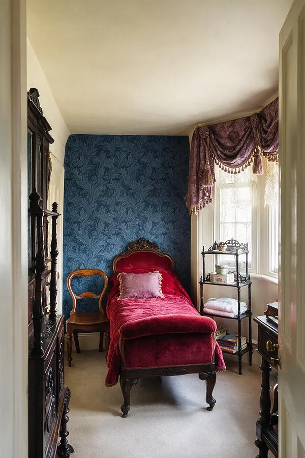 A narrow Victorian guest bedroom with a deep blue patterned wallpaper accent wall, a red velvet upholstered daybed centered in the room, and a carved wooden chair beside it. Lace-trimmed purple drapery frames a bright window, while dark antique wood furniture and a black metal shelf add ornate period detail.