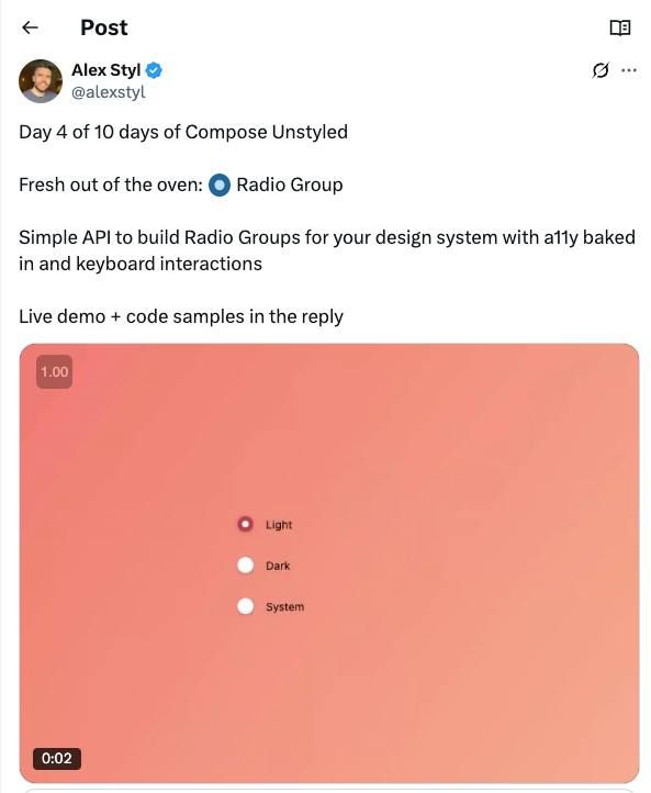 The image features a user interface showcasing a Radio Group component with three options: Light, Dark, and System.