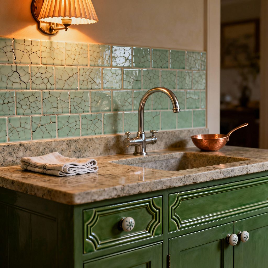 A traditional laundry sink area shows deep green, raised-panel cabinets with porcelain knobs beneath a speckled beige granite countertop and matching stone sink. A polished nickel gooseneck faucet stands in front of mint-green crackle-glazed subway tiles. Warm light from a wall sconce with a pleated shade illuminates the backsplash. A folded white towel lies on the counter, and a small copper pan rests near the sink against soft cream walls.