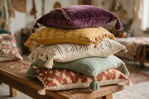 A stack of five decorative throw pillows sits on a carved wooden bench. The pillows feature varied bohemian fabrics and patterns in plum, mustard, cream, sage green, and rust, each finished with tassels and textured trim.