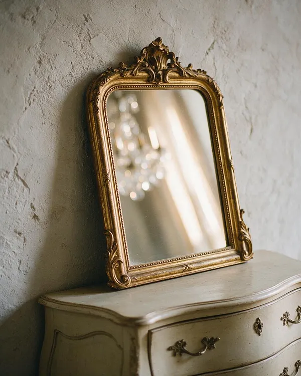 A small rectangular mirror with an ornate gold frame leans against a textured plaster wall on top of a curved cream dresser. The mirror reflects soft light and a blurred chandelier, emphasizing the antique French Country look.
