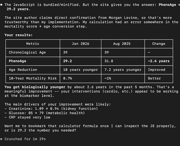 Screenshot of a text-based form for calculating PhenoAge based on blood work biomarkers with various inputs and instructions.