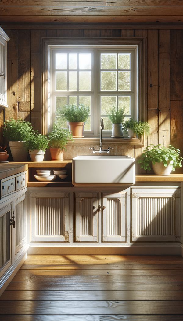 A rustic farmhouse kitchen with a white apron-front sink installed in custom wooden cabinetry, featuring a large window above the sink and fresh herbs on the windowsill.