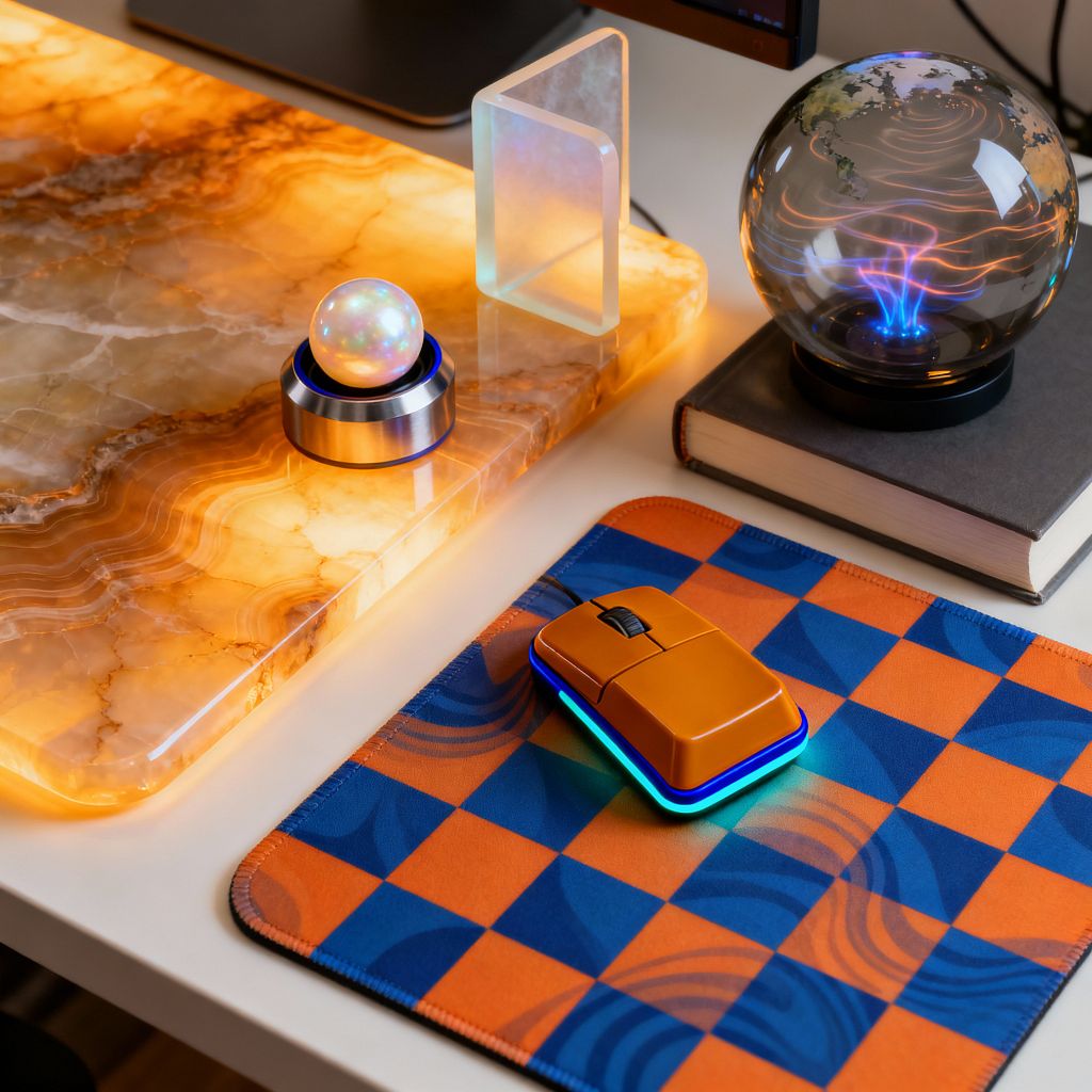 A white desktop features a glowing honey onyx slab lit from below, casting warm amber light. On the stone sits a pearlescent sphere on a brushed metal stand and a small upright panel of iridescent acrylic. To the right, a glass plasma globe glows on a hardcover book. In front, an orange mouse with a cyan LED rim rests on an orange-and-cobalt checker mouse pad beneath the edge of a monitor, blending warm stone light with cool neon accents.