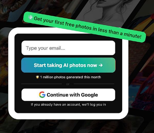 The image displays a user interface for signing up to take AI-generated photos.