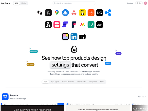 The image displays the homepage of Inspicado, showcasing various design resources and tools.