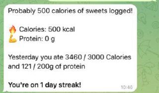 A message detailing calorie and protein intake from a food logging app.