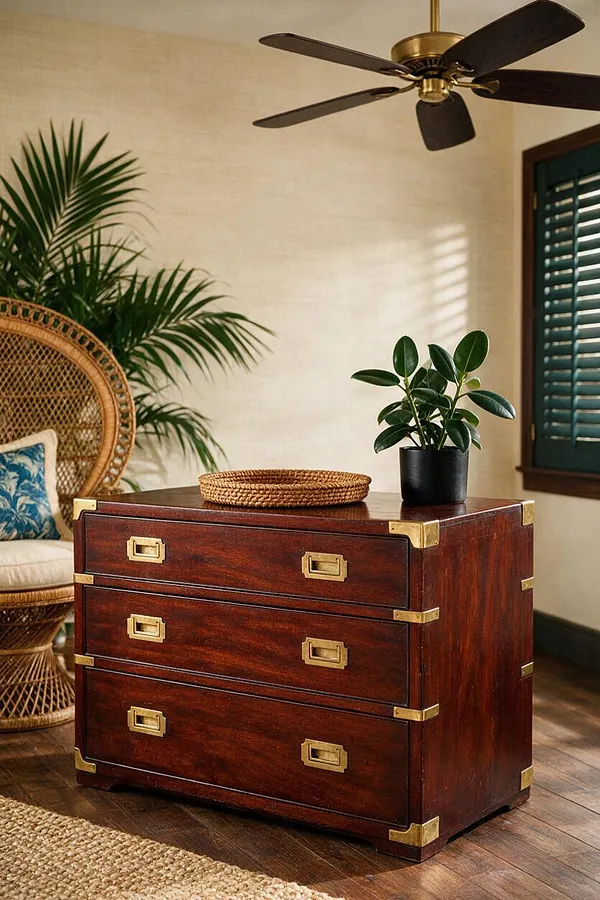 A dark-stained wooden chest with three drawers sits in a tropical-inspired room, topped with a woven tray and a small potted plant. The space includes a rattan chair, palm leaves, a ceiling fan, and a shuttered window, all in warm natural tones.