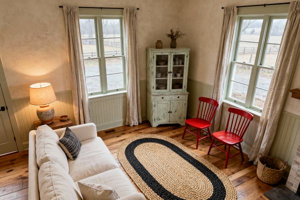 A cozy farmhouse living room features sage-green window trim and beadboard wainscoting, wide-plank wood floors, and textured plaster walls. A cream sofa sits at left beside a rustic wood side table with a ceramic lamp. Two bright red spindle-back chairs line the windows, while a distressed mint glass-front hutch displays dishes. An oval braided jute rug with a black stripe centers the space, with linen curtains, a woven basket, and a glimpse of a brick hearth completing the scene.