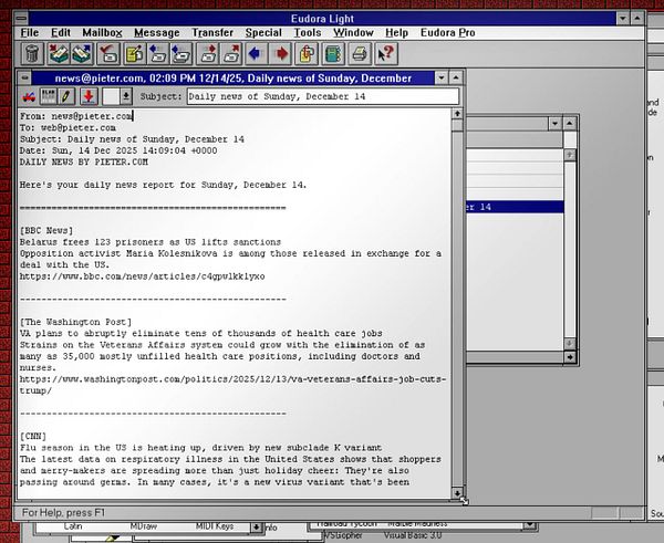 An email interface displaying a daily news report in Eudora Light.