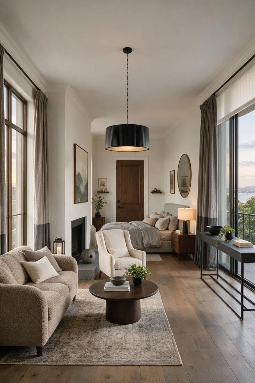 A narrow studio apartment with a seating area in the foreground, featuring a textured beige sofa, cream armchair, round wood coffee table, and a large area rug. At the back, a bed sits beside a wooden nightstand and lamp, with tall windows, taupe curtains, a black pendant light, and warm wood flooring throughout.