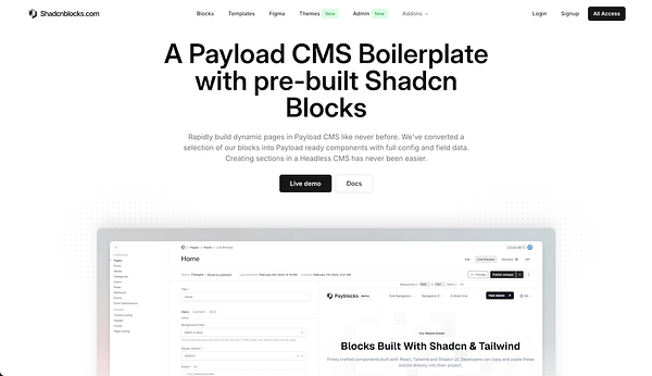 The image displays a promotional webpage for a Payload CMS boilerplate featuring pre-built Shadcn blocks.