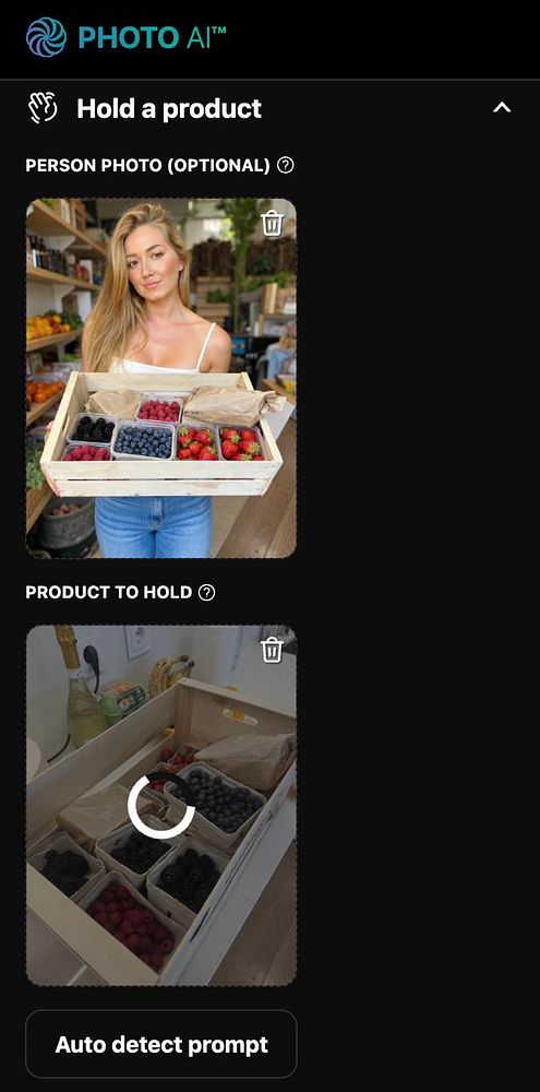 The image displays a user interface for a product holding feature in a photo application.