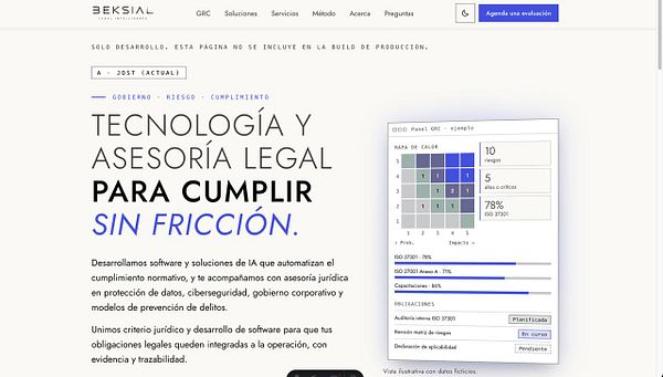 Website draft homepage in Spanish for a joint venture offering GRC services, showcasing legal technology and advisory solutions with an illustrative risk heatmap and compliance progress panel.