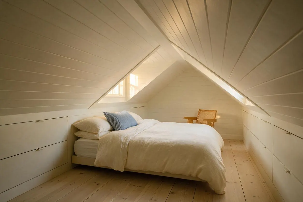 A bright attic guest bedroom with sloped white paneled ceilings, a low bed dressed in soft white bedding, and a single blue accent pillow. Pale wood floors, built-in storage along both side walls, and a woven chair by the far wall create a calm, minimalist coastal feel.