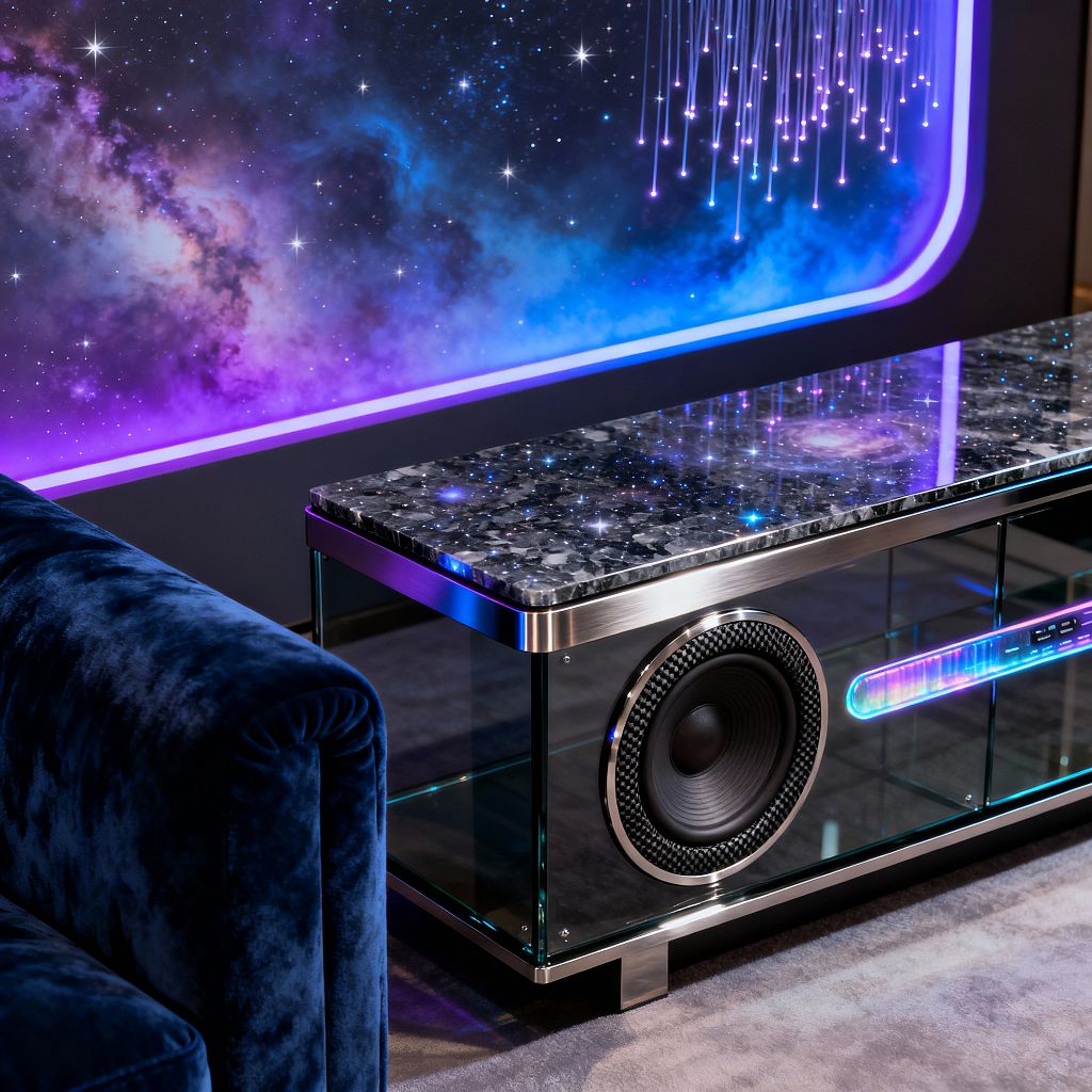 A media room features a deep midnight-blue velvet sofa beside a glass and brushed-steel media console with an integrated subwoofer. The console’s high-gloss, starfield-pattern top reflects a wall-size galaxy mural framed by purple-to-cyan LED lighting and cascading fiber-optic strands, casting an ambient glow across clear glass panels and a pale gray carpet to create a futuristic lounge for films and music.
