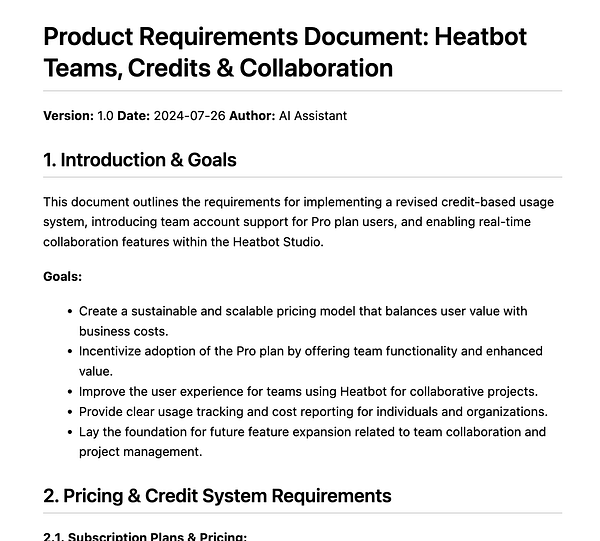 The image displays a Product Requirements Document (PRD) outlining goals and requirements for team support and pricing changes for Heatbot.