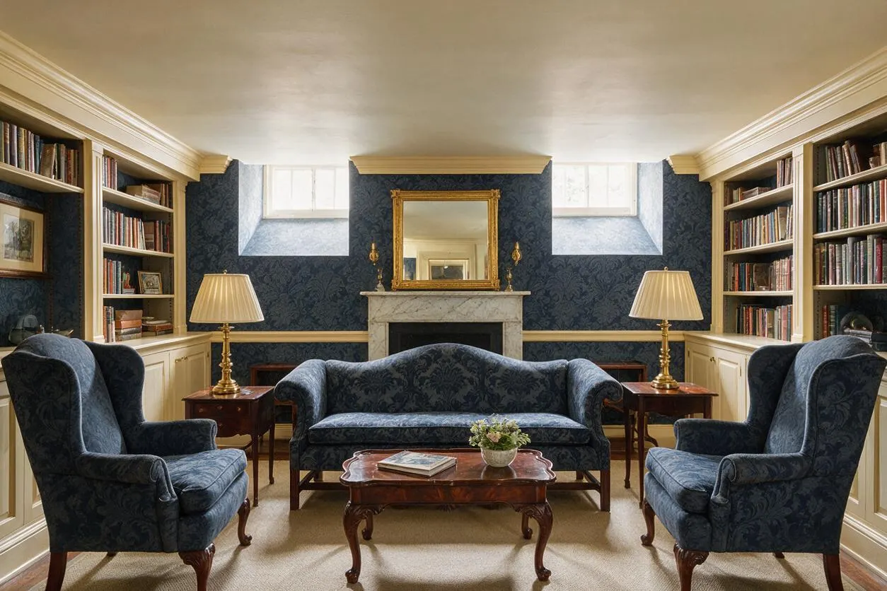 A traditional basement sitting room with dark blue patterned wallpaper, built-in bookshelves on both sides, and a centered marble fireplace with a gold-framed mirror above it. The room includes a blue sofa, two matching wingback chairs, wood side tables with brass lamps, a carved coffee table, and small basement windows near the ceiling.