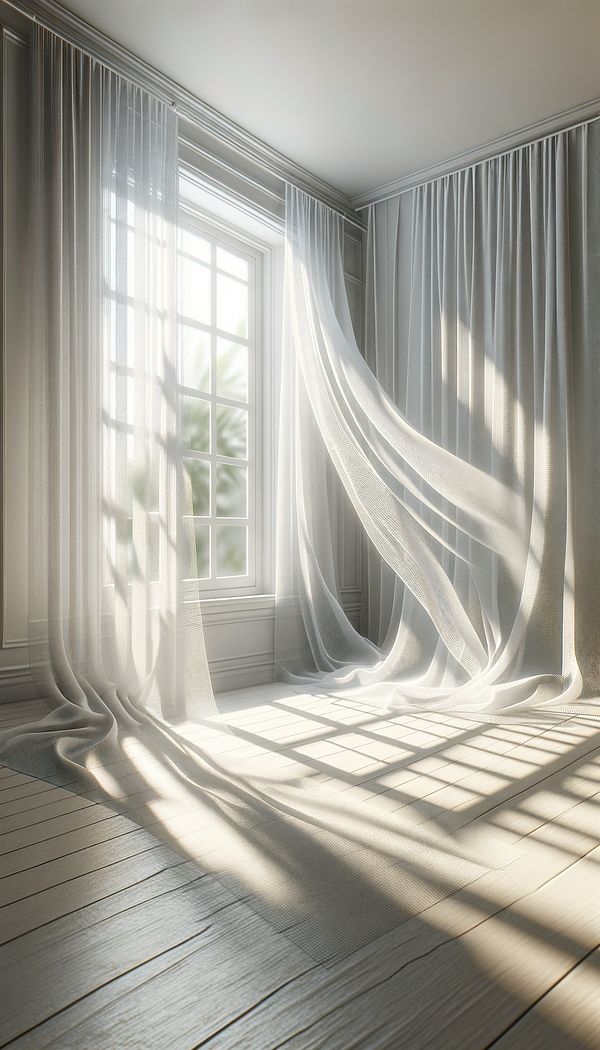 a bright, airy room with white voile curtains gently blowing in the breeze, filtering sunlight into the space