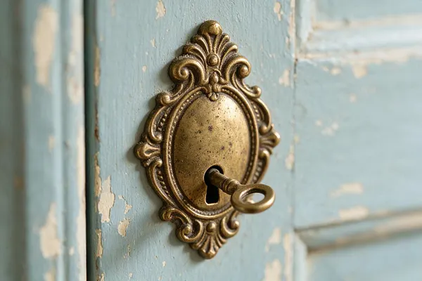 A close-up view of a vintage cabinet door painted in faded powder blue with chipped, distressed paint. At the center is an ornate antique brass escutcheon with a small key inserted, creating a classic French Country detail.