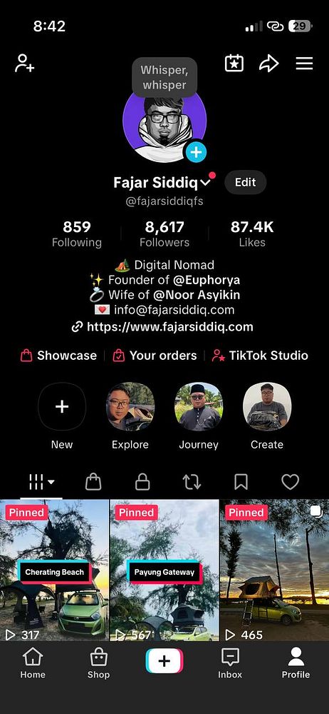 The image displays a TikTok profile of Fajar Siddiq, showcasing his follower count, likes, and pinned videos.