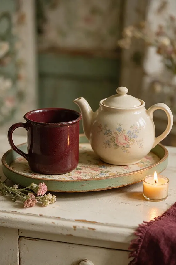 A Cottagecore still life on a distressed painted table shows a burgundy enamel mug and a cream ceramic teapot with floral decals sitting on a mint-green tray lined with floral paper. A small lit candle, dried flowers, and a burgundy textile add warmth and softness.